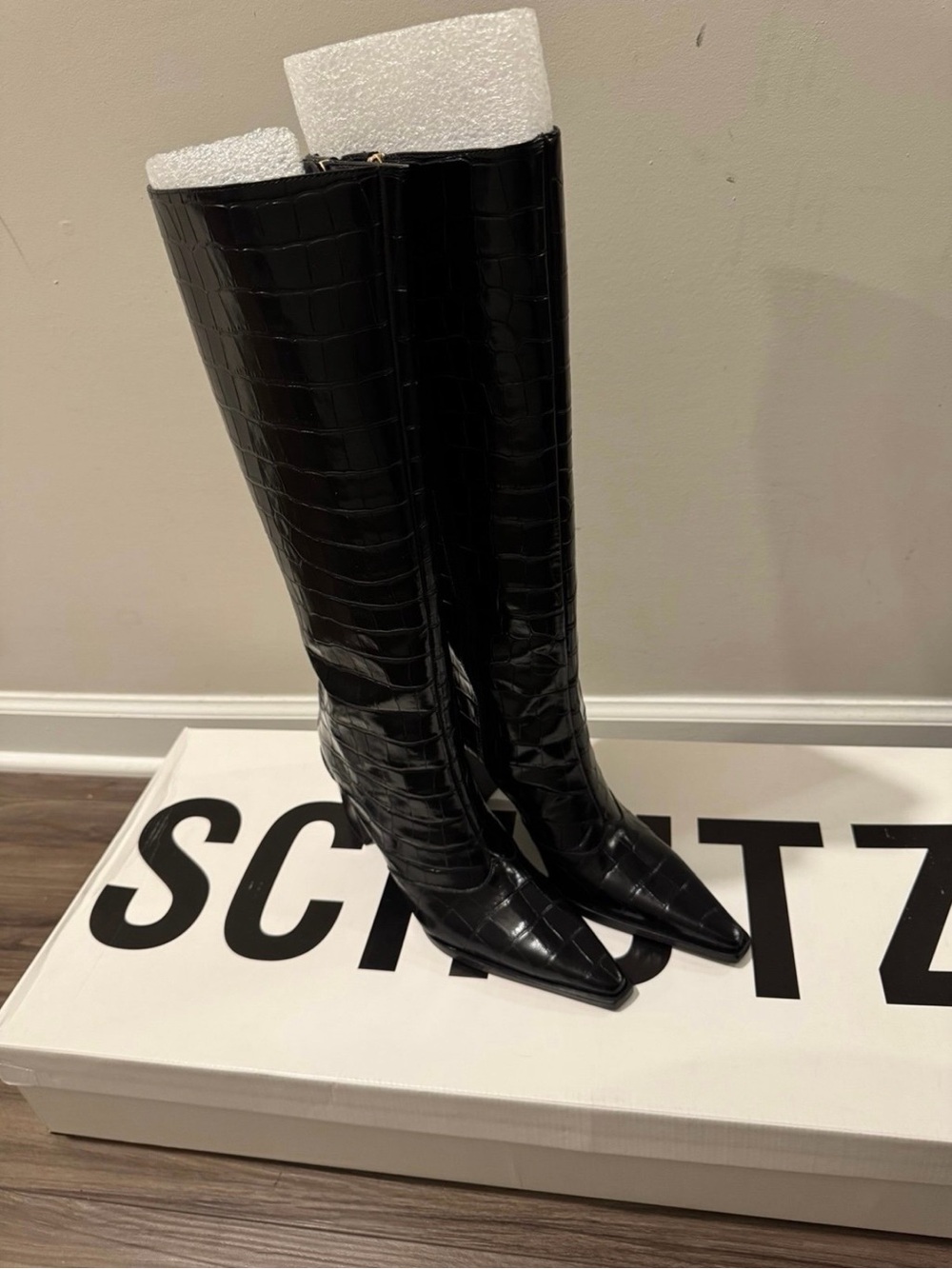 SCHUTZ Raffaela Tall Black Croc-Embossed Knee-High Boots - Sleek Pointed Toe